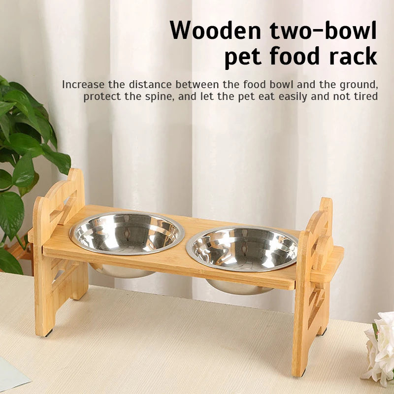 Elevated Dog Bowls Bamboo Tilted Adjustable Dogs Feeder Stand