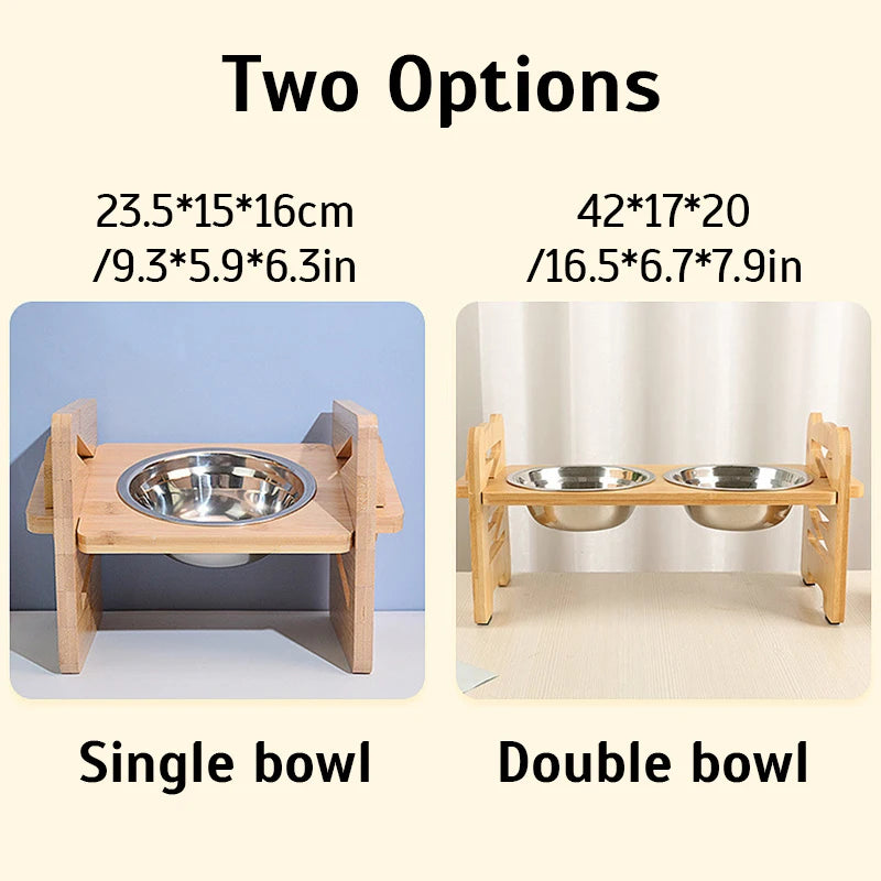 Elevated Dog Bowls Bamboo Tilted Adjustable Dogs Feeder Stand