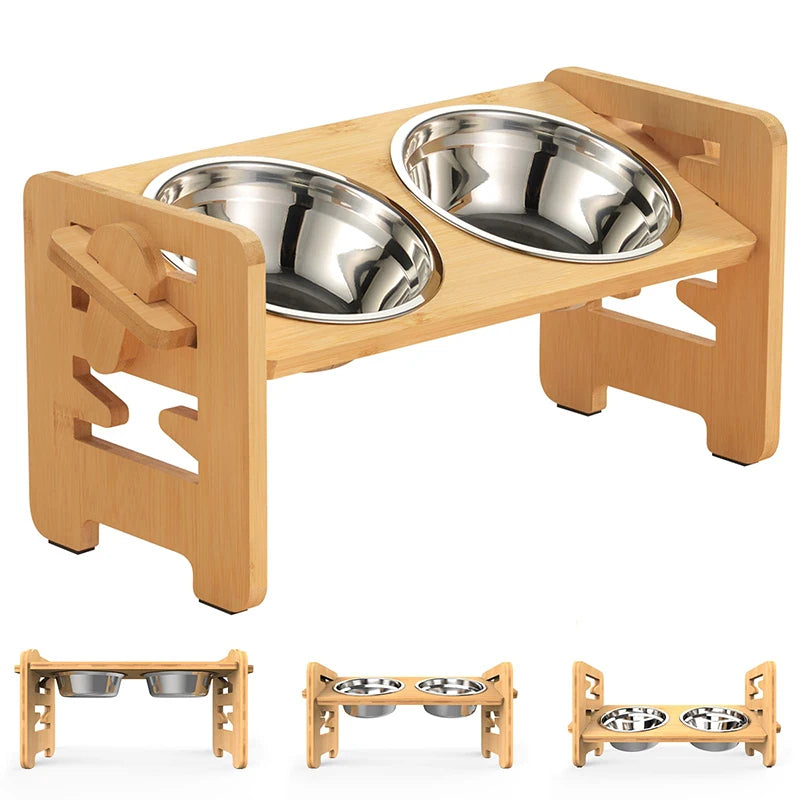 Elevated Dog Bowls Bamboo Tilted Adjustable Dogs Feeder Stand