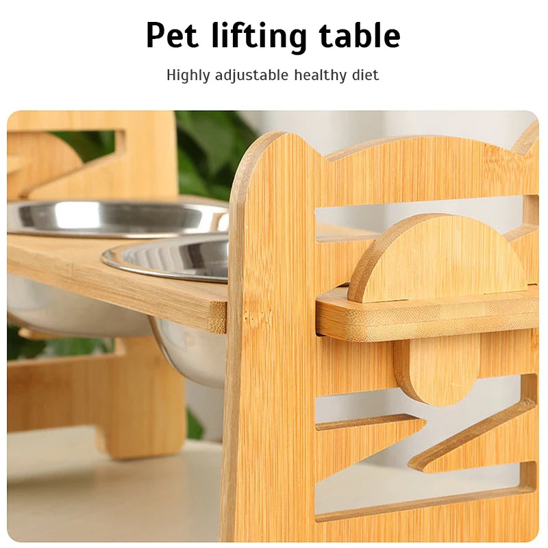 Elevated Dog Bowls Bamboo Tilted Adjustable Dogs Feeder Stand